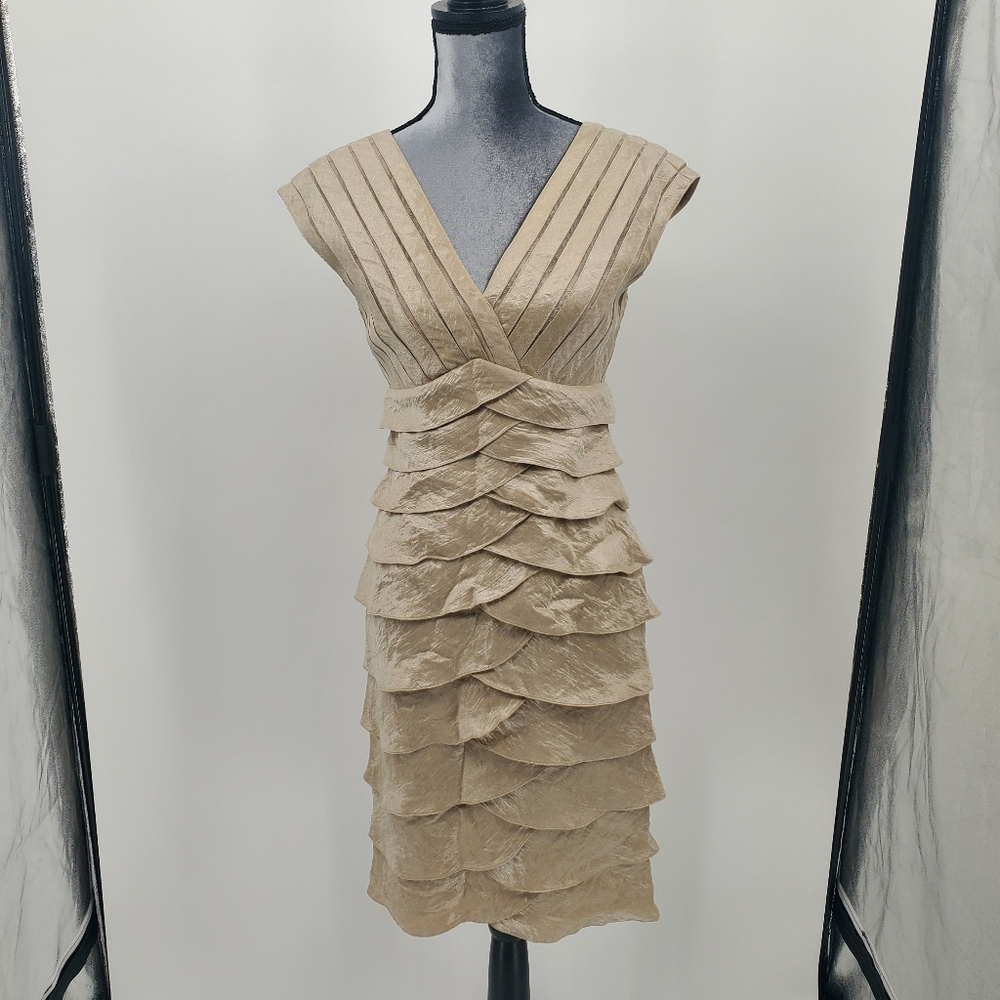 Cache Metallic Champagne Tiered Ruffled Cocktail Dress Size 6